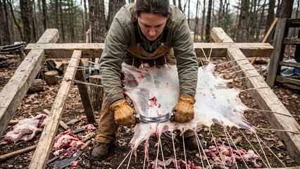 Woman scraping flesh from a stretched deer hide on a wooden frame, preparing the animal skin for processing into leather using traditional methods outdoors