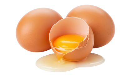 Cracked brown chicken egg with yolk isolated PNG, fresh organic food ingredient on transparent background for cooking and baking use