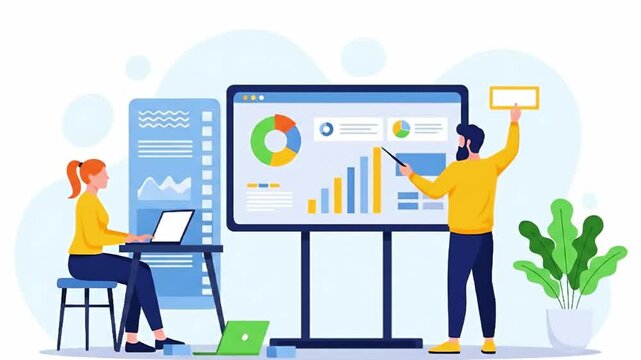 Business meeting with data analysis and presentation on screen.