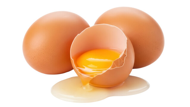 Cracked brown chicken egg with yolk isolated PNG, fresh organic food ingredient on transparent background for cooking and baking use