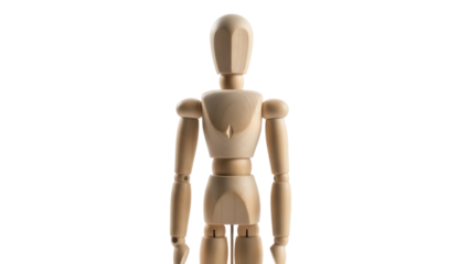 Wooden mannequin isolated PNG on transparent background, anatomical model for artists and drawing reference, art supply