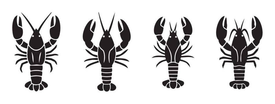Four black silhouette lobster and crayfish icons, perfect for seafood restaurant menus, marine life illustrations, and gourmet cuisine designs.