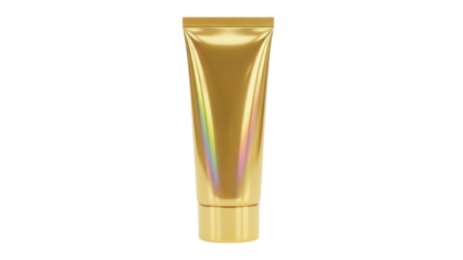 Gold cosmetic tube isolated PNG on transparent background, shiny metallic container for cream, lotion, gel, or ointment packaging mockup