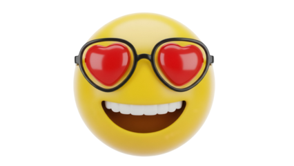 Yellow emoji with heart-shaped glasses isolated PNG, smiling face with love eyes on transparent background for social media and design use