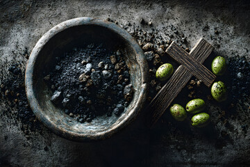 Above view of bowl with burnt ashes, wooden Christian cross and olives on gray concrete background, Ash Wednesday concept
