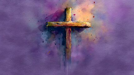 Ash Wednesday themed watercolor artwork showing a simple ash cross on a textured purple background, minimalist and evocative, hand-painted watercolor