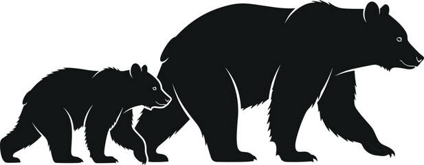 Black silhouette of a mother grizzly bear and her cub walking together isolated on white background, minimalist wild animal vector. © BIPUL