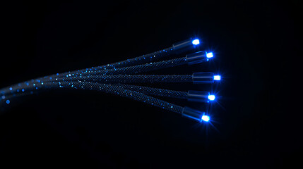 Fiber Optic Cables with Glowing Blue Light for High Speed Data Transmission