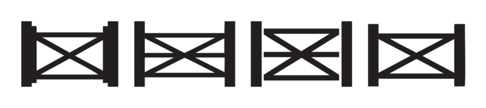 Four black fence panels with crossbuck design are arranged horizontally in a minimalist vector illustration, depicting rustic farm gate elements.