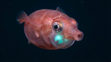 Piglet squid helicocranchia pfefferi swimming in deep sea, transparent round body and prominent eyes, siphon like a pig's snout with glowing photophore illuminating blue darkness