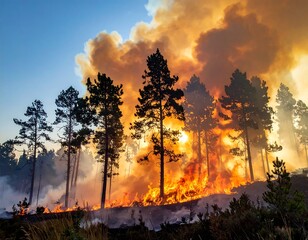 Burning forest with tall trees amid thick smoke and intense flames