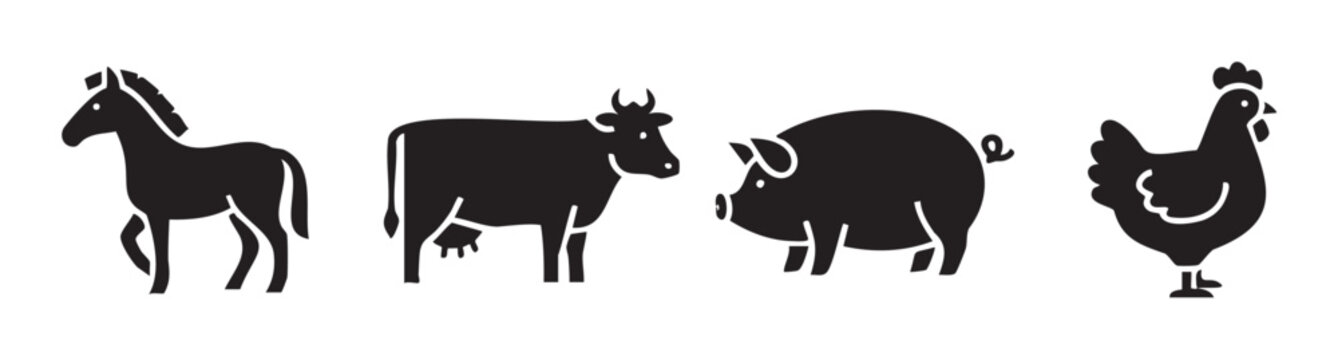 Farm animals icons set featuring horse, cow, pig, and chicken in a simple graphic silhouette style, representing agriculture and livestock.