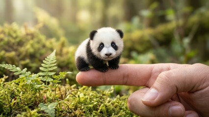 Obraz premium Tiny baby panda standing on a human finger in a vibrant, mossy forest environment, creating a sense of wonder, scale, and the delicate balance of nature