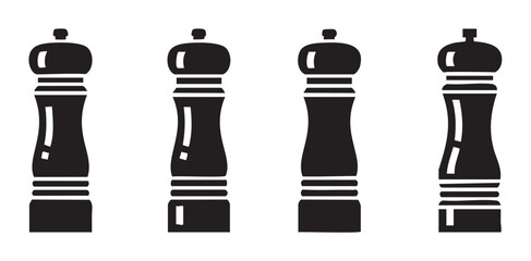 Four pepper grinders kitchen tools for seasoning food and enhancing culinary experiences with freshly ground spices, presented as a set of black silhouettes.