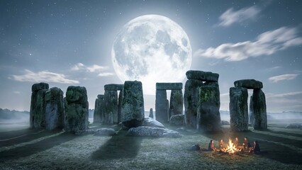 Stonehenge megaliths standing under a large full moon and starry night sky, with a group of people sitting around a warm campfire, creating a mystical and ancient atmosphere