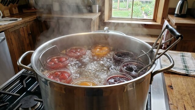 Jars of homemade strawberry, peach, and blackberry jam are sterilizing in a large boiling water bath canner, with steam rising in a rustic kitchen setting