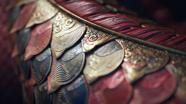 A close up of a gold and red leafy design. The gold and red colors are very bold and the design is very intricate. Close-up dragon dance horn and scale detail, soft shadows, refined commercial look