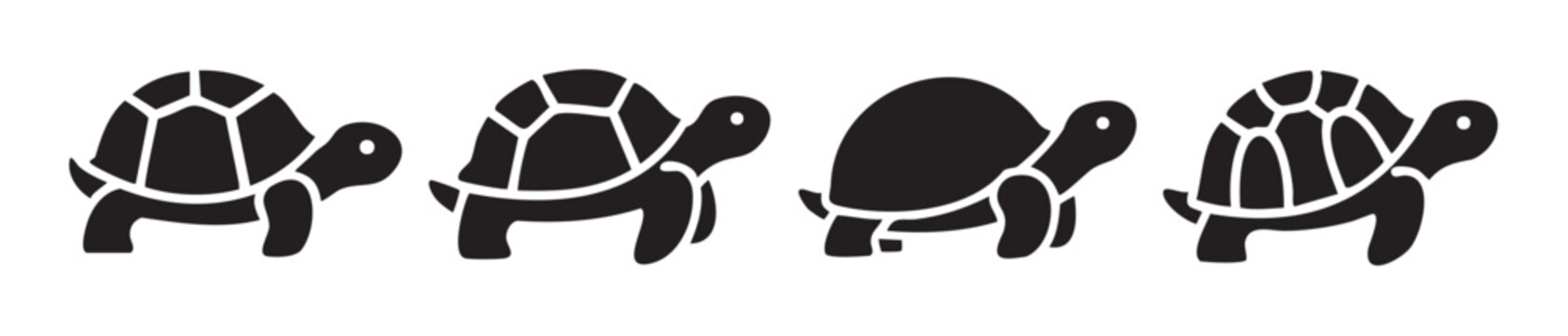 Four black turtle tortoise animal silhouettes are depicted in a simple vector illustration, showcasing different shell patterns and solid forms.