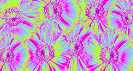 Vibrant seamless pattern of neon gerbera flowers in pink, cyan and lime colors, with psychedelic texture and soft blur, top view floral background with repeating design