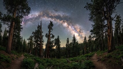 Milky way galaxy shining brightly over a dark serene forest landscape, with tall pine trees and lush ferns lining a hiking trail under a starry night sky