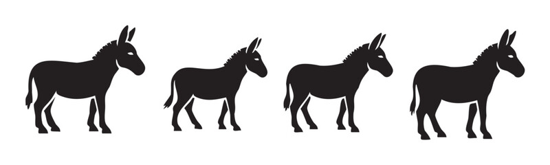 Fototapeta premium Four black donkey silhouettes are arranged in a horizontal line, showcasing a minimalist and graphic representation of these farm animals.