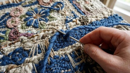 Hand carefully working on a handmade fiber art project, creating intricate textures and patterns using a punch needle embroidery technique with blue yarn