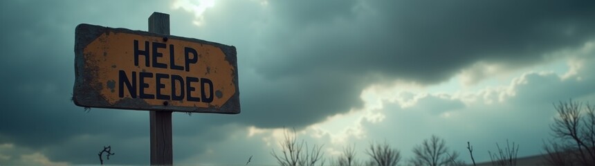 Obraz premium Cloudy sky with a sign that says help needed