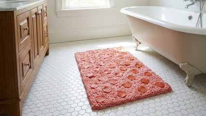 Surreal bathroom scene: ground meat textured bath mat on white hex tile beside clawfoot tub and wooden vanity, grotesque food-art contrast of domestic hygiene and absurdity