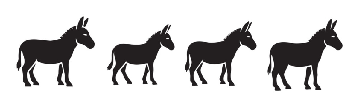 Four black donkey silhouettes are arranged in a horizontal line, showcasing a minimalist and graphic representation of these farm animals.