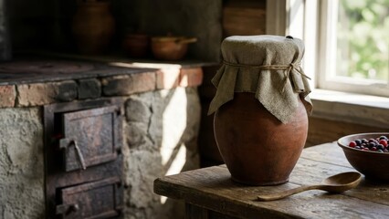 Clay pot draped with linen on a rustic wooden table beside a bowl of fresh berries and a spoon, sunlit vintage kitchen scene evoking simple, traditional rural life and food preparation