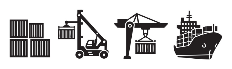 Shipping containers, cranes, and a cargo ship illustrate the global logistics and transportation industry with a clear, modern icon set.