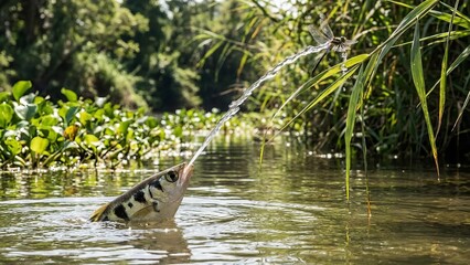 Archer fish emerges from tropical water, precisely shooting a stream of water at a dragonfly perched on a leaf, demonstrating its unique hunting technique in nature