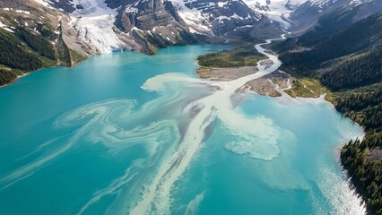 Bow lake in banff national park showcasing vibrant turquoise water merging with milky glacial melt sediment from bow glacier and a winding river through a valley surrounded by majestic mountains