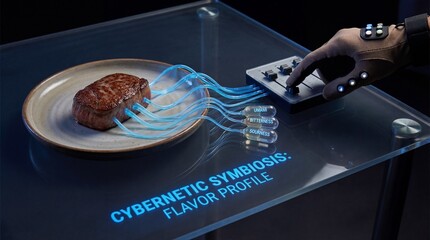 Hand wearing haptic glove adjusts control panel infusing steak with umami, bitter, sour and sweet tubes&mdash;futuristic food tech, personalized flavor synthesis and culinary biotech experimentation