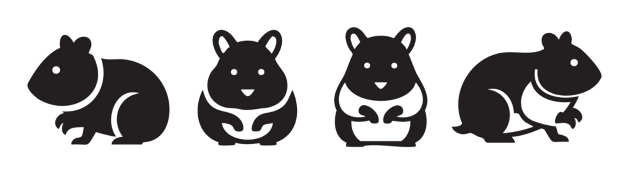Four cute hamsters rodent animal pet icons are depicted in a simple black and white graphic style, showcasing various adorable poses for design elements.