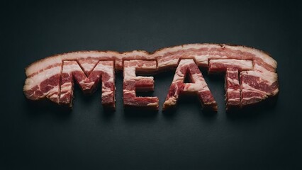 Raw bacon strips cut and arranged to spell the word meat on a dark background, creative food-art typography showcasing uncooked pork, texture, fat marbling, and visual pun
