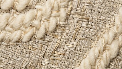 Close-up of woven textile with beige linen yarns and thick braided wool, showcasing rich fibrous texture and organic neutral tones perfect for backgrounds and home decor