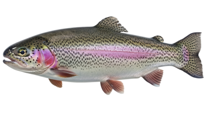 Rainbow trout isolated PNG on transparent background, freshwater fish with colorful iridescent stripe for fishing and aquaculture