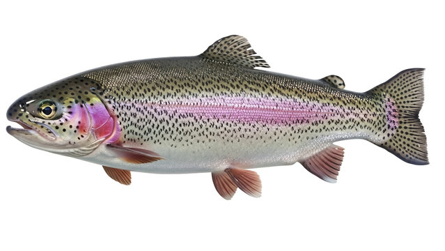 Rainbow trout isolated PNG on transparent background, freshwater fish with colorful iridescent stripe for fishing and aquaculture