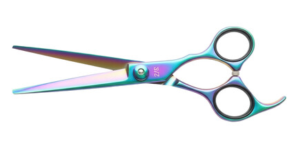 Iridescent hair cutting scissors isolated PNG on transparent background, professional salon tool for barbers and hairdressers