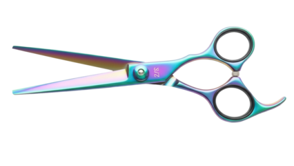 Iridescent hair cutting scissors isolated PNG on transparent background, professional salon tool for barbers and hairdressers