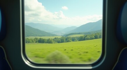 A view of a field of grass and mountains from a train window