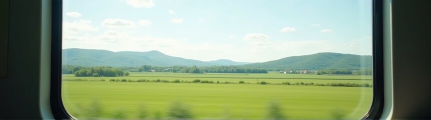 Fototapeta premium A view of a field of grass and mountains from a train window