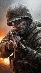 Soldier in combat aiming rifle with intense expression in dramatic battlefield scene