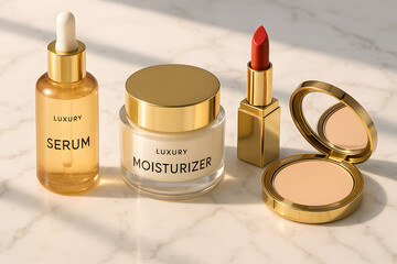 A selection of high-end beauty products including a golden serum bottle, moisturizer jar, red lipstick, and compact powder case arranged on a white marble surface with soft natural light casting shado