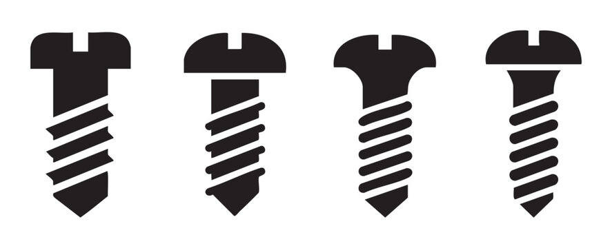 Four black screw icons with various thread designs represent essential construction and repair hardware tools for fastening materials.