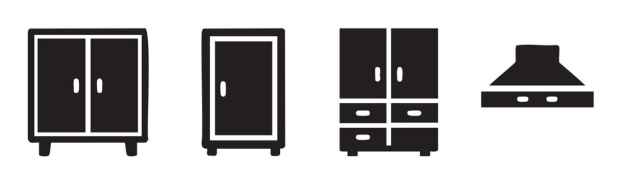Furniture and kitchen appliance icons depicting modern home storage units like wardrobes, cupboards, drawers, and an extractor hood.