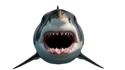 Great white shark with open mouth isolated PNG, apex predator with sharp teeth on transparent background