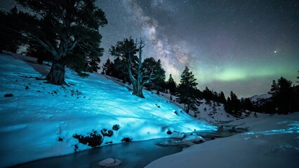 Snow-covered mountain slopes reflecting blue light with a partially frozen stream under a vibrant night sky featuring the milky way and green aurora borealis
