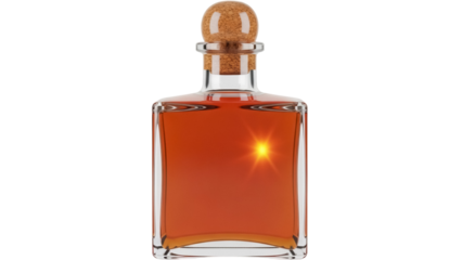 Square decanter with amber liquid isolated PNG, vintage glass bottle with cork stopper on transparent background